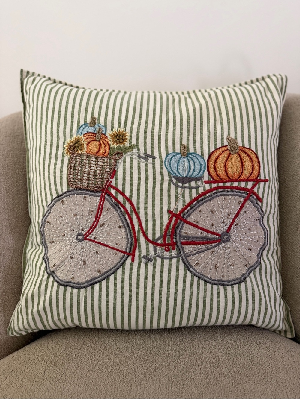 Embroidered Pumpkin Bicycle Green Stripe Decorative Pillow